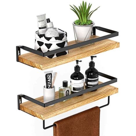 HOMEFURNISHING Wall Shelf Set of 2, Rustic Wall Shelf with Length of 42 cm, Removable Towel Rail, Wall Shelf for Bathroom, Living Room, Bedroom, Kitchen, etc.