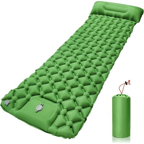 Matelas de camping gonflable, imperméable, avec pompe à pied et oreiller, ultraléger et portable, idéal pour le camping, la randonnée et les voyages - vert