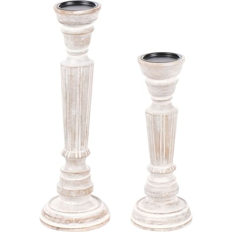 Lot de 2 Bougeoirs Antique en Bois de Manguier Marron Clair Darwa (1/5)