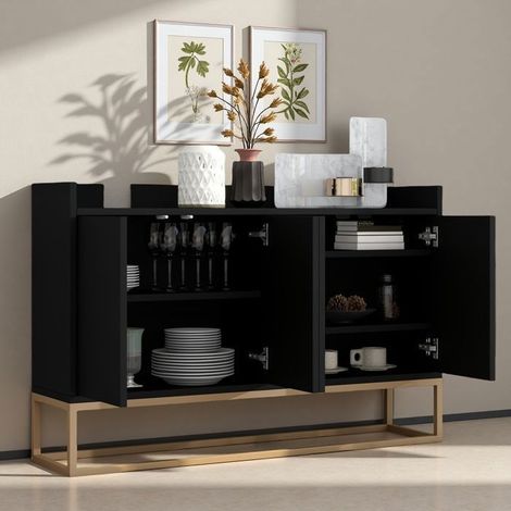 Mobiletto di stoccaggio - 4 porte - Legno massello - Design moderno - Nero e oro