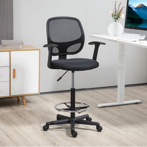 Buerostuhl aus Mesh und Schaumstoff, schwarz, hoehenverstellbar mit Fussring, 60x56x110-132 cm (1/5)