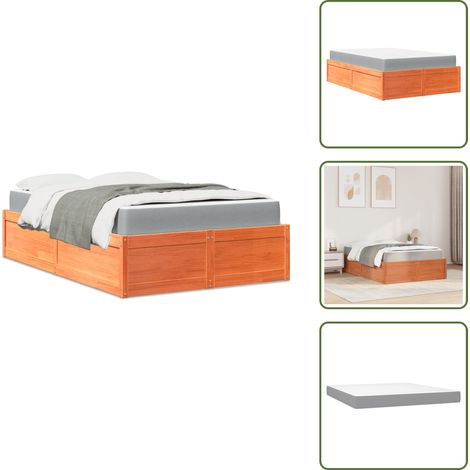 The Living Store Lit avec matelas cire marron 140x190 cm bois massif de pin - Lit Plateforme - Lit Double - Lit En Bois Massif - Lit Brun - Matelas Ressorts Ensachés (1/5)