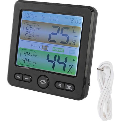 Digitales Innenthermometer mit Farbdisplay, Wecker und Nachttischuhr, Luftfeuchtigkeitssensor für Zuhause, hintergrundbeleuchtetes LED-Display (1/5)