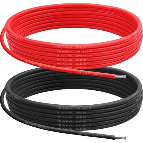 Fil de Silicone de Calibre 10, 5.3 m㎡ 10 AWG Câble électrique 6m(3m Rouge+3m Noir), Faible Impédance Douce et Flexible 0.08 mm 1050 Torons Fil de Cuivre pour Voiture RC/Drone/Projets Arduino (1/5)