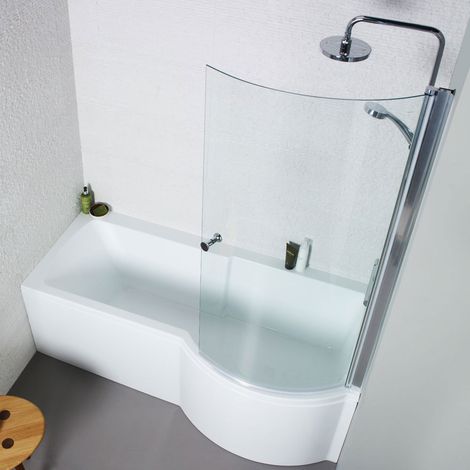 Kartell 1700 x 850mm Acrylic Square P Shaped Shower Bath + Shower Screen - Right Hand (1/2)