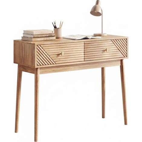 ELVMI Konsolentisch mit 2 Schubladen und Offenem Regal, Kiefernholzbeinen, für Flur und Wohnzimmer, MDF, Eiche (1/5)