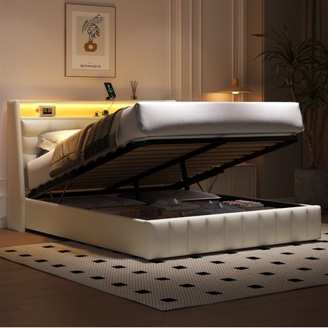 Polsterbett 160/200 cm weiß aus MDF, Sperrholz und PU mit LED, USB und Stauraum (1/5)