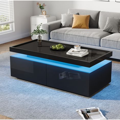 Tavolino da caffè in truciolare nero lucido 95 x 45 x 35 cm con LED, 2 cassetti e vano aperto (1/5)