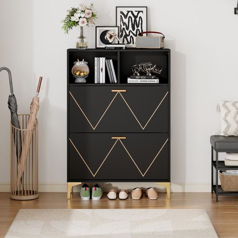 Armoire à chaussures 80x25x117cm avec 2 portes rabattables,4 étagères à chaussures et 2 surfaces de rangement ouvertes en MDF et métal (1/5)