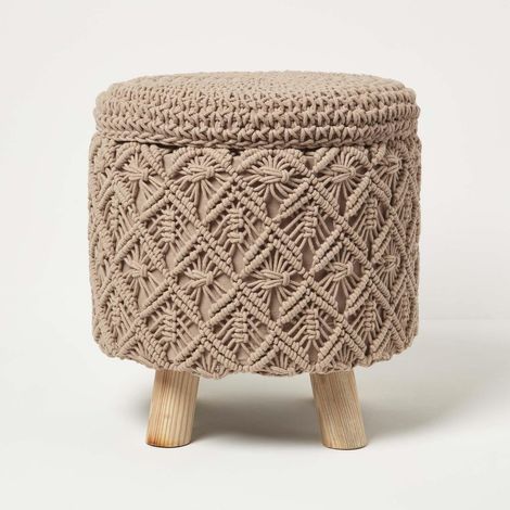 HOMESCAPES Indy Brown Macrame Storage Footstool