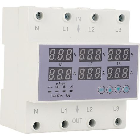 Voltmètre-ampèremètre triphasé pour rail DIN avec protection automatique contre les surtensions et les surintensités, 230-300 V CA (1/5)