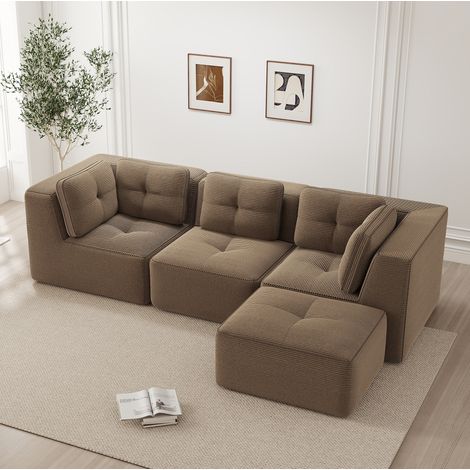 Divano angolare modulare in velluto a coste (panno) marrone con ottomana e seduta profonda, senza montaggio, 297x177x69 cm (1/5)