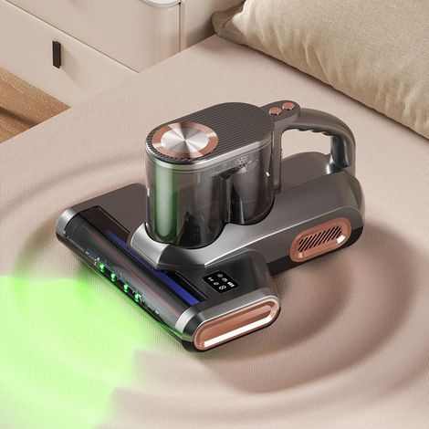 Aspirateur anti-acariens sans fil gris et or, double réservoir à poussière, indicateur lumineux vert, forte aspiration, appareil portable pour matelas, lit, canapé et maison