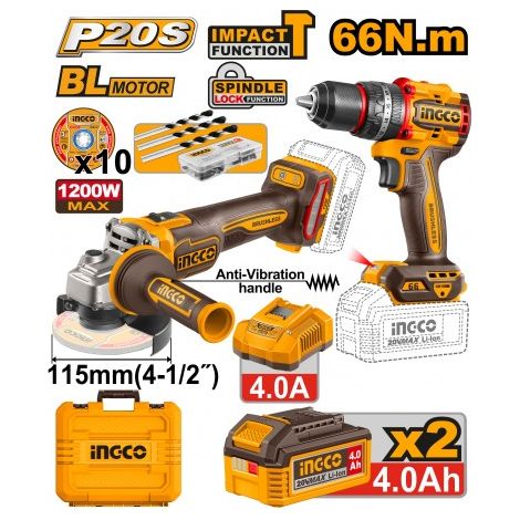 KIT UTENSILI A BATTERIA 20V CON TRAPANO AVVITATORE E SMERIGLIATRICE ANGOLARE 2 BATTERIE 4,0 AH INGCO