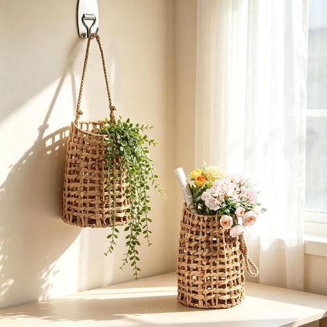 Lot de 2 paniers Suspendus tressés, paniers muraux en Osier pour Fleurs, paniers de Rangement pour Fruits et légumes avec Crochets, pour Plantes d'intérieur et d'extérieur (1/5)