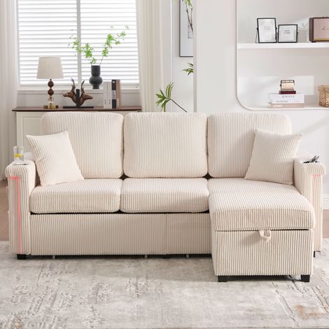 Sofá 194/73/81 cm beige de pana con LED, USB/Type-C y almacenaje (1/5)