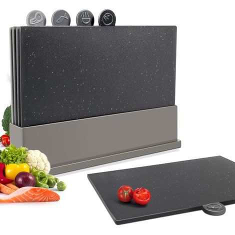 Set de 4 Planche a Decouper, Planches à Découper Plastique avec Code Couleur et Support, Planche Cuisine pour Préparation Séparée des Différents Aliments, Inclus 1 Paire Ciseaux (1/5)
