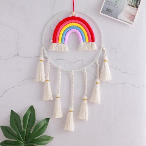 Arc en Ciel Macramé Mural Décoration, Faite à la Main Tenture Déco Murale Tapisserie Tissée pour Deco Chambre Enfant, Art Mural Fil De Coton pour Pépinière (1/4)