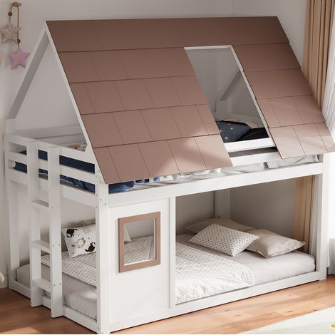 Lit superposé cabane rustique en bois blanc et marron 140x200 cm avec toit, fenêtre, échelle et sommier à lattes