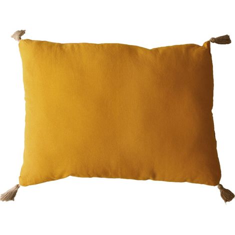 Coussin Déco Uni à Pompons "Panama" 50x70cm Moutarde (1/2)