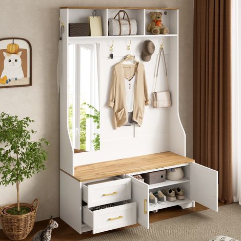 MEUBLIV Meuble d’entrée 120x40x187 cm blanc et bois – miroir, LED, rangement (1/5)
