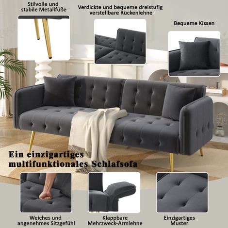 Canapé-lit 2 places multifonction avec dossier ajustable et accoudoirs réglables. Sofa convertible moderne pour salon, revêtement velours, spacieux espace de couchage. (1/5)