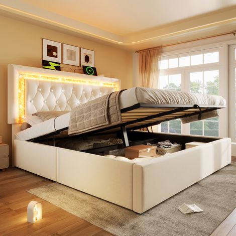 Bettgestell 160x200 cm Beige aus Samt mit LED-Kopfteil, USB- und USB-C-Ladeanschluss, Stauraum (1/5)
