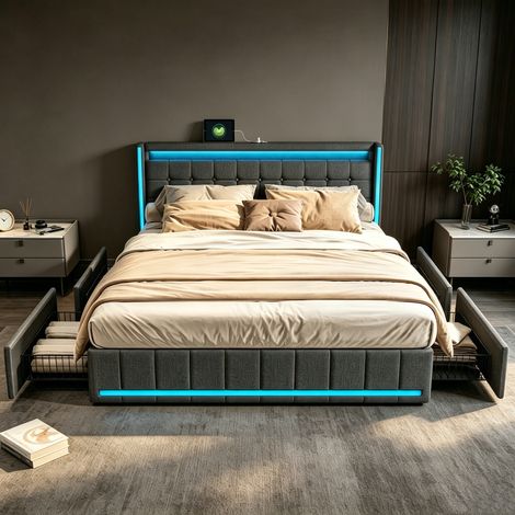 Lit double 180x200 avec LED et 4 tiroirs, Tête de Lit Capitonnée avec Ports USB et Type-C, Lit 2 Personnes avec sommier à lattes, Lin, Gris foncé (1/5)