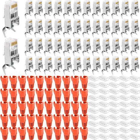Lot de 50 fiches RJ45 Cat 7 - Fiche réseau CAT 7 - Fiche RJ45 - Câble réseau avec décharge de traction - Connecteurs pour câble de pose LAN CAT 7 Cat6A - AWG23 - Douille de protection anti-torsion (1/5)