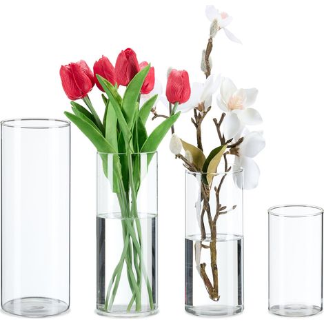 Relaxdays Vasi in Vetro Decorativi, Set 4 Vasetti per Fiori e Candele, Interno, Varie Misure, Centrotavola, Trasparente