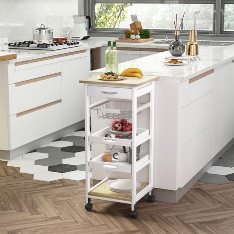 Chariot de cuisine gain de place en pin et MDF, avec tiroir, panier, 2 plateaux et 4 roulettes (1/5)
