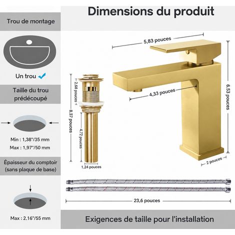 Robinet de lavabo carré populaire en Amérique du Nord, kit robinet et bonde d'évacuation, or brossé, 1,5 kg – Livraison gratuite (1/2)