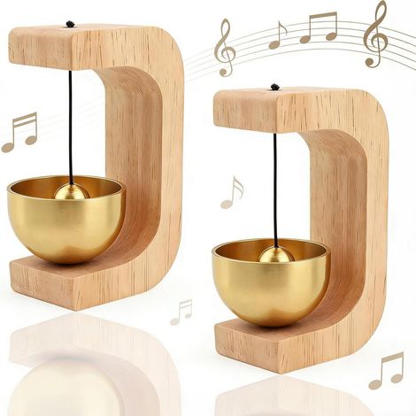Lot de 2 sonnettes en bois avec cloche en laiton, magnétiques, pour la maison et le bureau