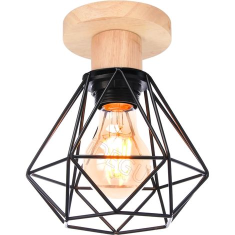 1 Lustre Plafonnier Métal Bois Douille E27 Design Cage Géométrique Style Industriel Vintage Pour Couloir Entrée (1/5)