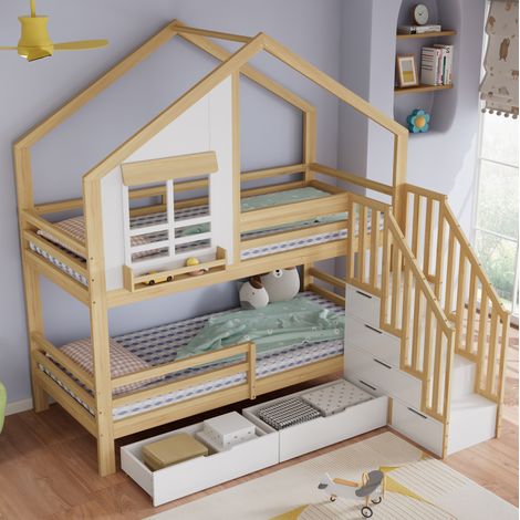 Cama litera 90x200 cm blanco y natural de madera con escalera segura (1/5)