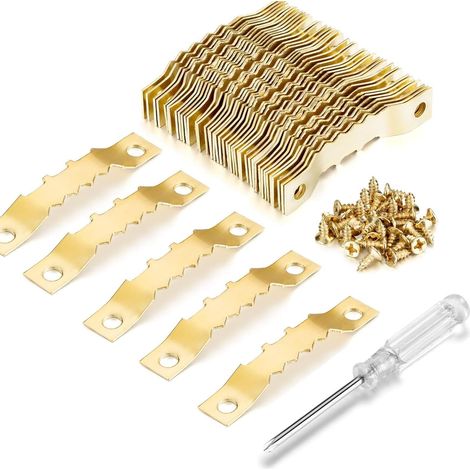 Juego de 50 ganchos dorados dentados para cuadros con 100 tornillos y destornillador - Kit de montaje en pared para marcos de fotos (1/5)