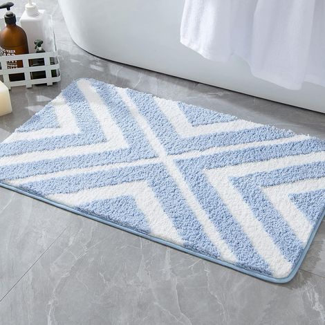Tapis entrée de la salle de bain Tapis tapis antidérapant tapis de douche absorbant tapis souple microfibre toilette baignoire géométrie symétrique bleu clair blanc double couleur 40x60cm (1/2)