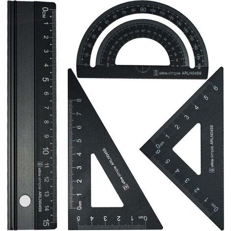 Juego de reglas metálicas para arquitectos - Juego de dibujo técnico de 4 piezas, herramienta geométrica, transportador, escuadra (negro) (1/4)