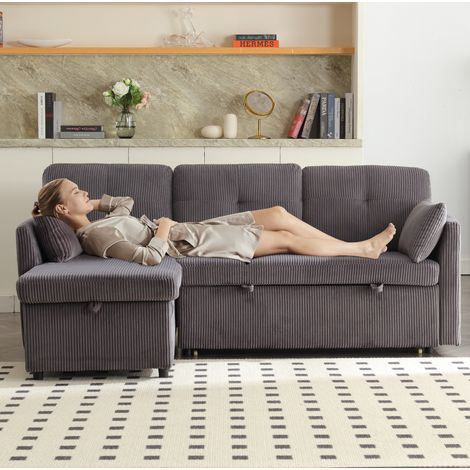 Sofá cama modular 206x108x66 cm gris oscuro en pana con almacenaje y chaise longue intercambiable (1/5)