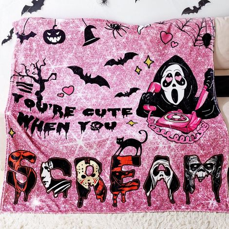 Couverture rose d'Halloween - Plaid en flanelle ultra douce à motif fantôme, 127 x 152 cm  Légère, moelleuse et confortable  Indispensable pour une soirée cinéma effrayante  Décoration d'Halloween pou (1/5)