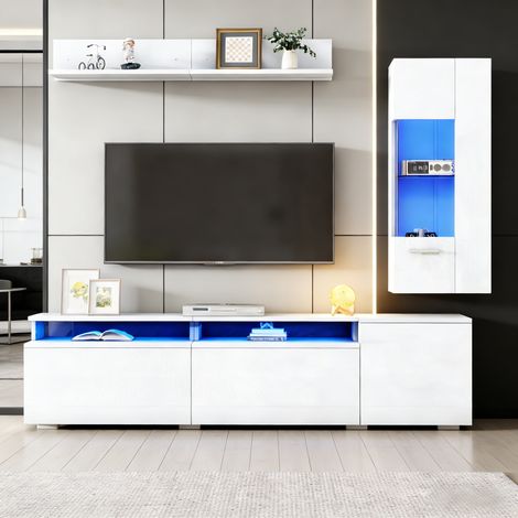 Set aus TV-Möbel und Vitrine mit Wandregal, LED und Hochglanzfronten, in Weiß, 180x40x45 cm