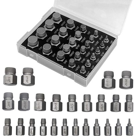Lntyq – Set de 25 extracteurs de vis cassées – Acier haute résistance – Tête hexagonale pour couple maximal – Enlève boulons et vis rouillés (1/5)
