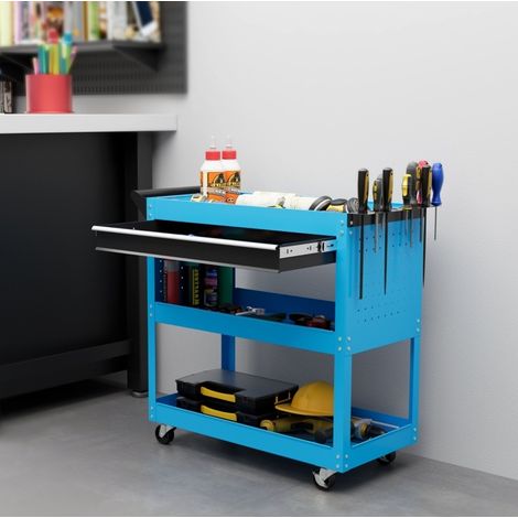 Carrello porta utensili in metallo blu a 3 livelli con 4 ruote, 82 x 35 x 76 cm, OKWISH (1/5)