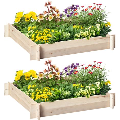 Lot de 2 jardinières - carré potager de jardin - Outsunny - design sans fond facile à assembler - bois massif - 100x100x16cm - jaune (1/5)