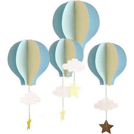 Lot de 4 pendentifs 3D en papier représentant des montgolfières, des nuages et des étoiles, à suspendre pour la décoration intérieure (bleu clair, bleu ciel et beige).-42.00X18.00X0.50CM
