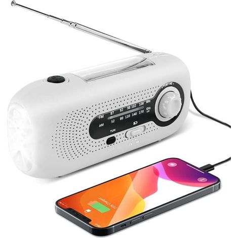 Radio Solaire, Manivelle d'urgence Radio Météo Solaire AM/FM Auto-alimentée avec Lampe de Poche 5 LED, Banque d'alimentation d'urgence 2000 mAh pour Smartphones, Maison et Camping (Blanc)