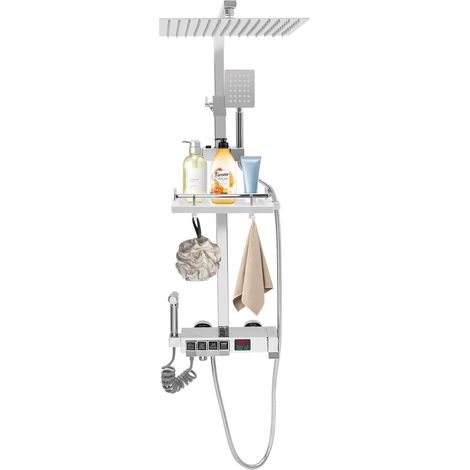 Thermostat Brausegarnitur 4 Modus Duschsystem mit Handbrause und Kopfbrause Messing Mischbatterie Duschset Piano-Taste Digitalanzeige Verstellbar Duschsäule mit Aufbewahrungskorbs