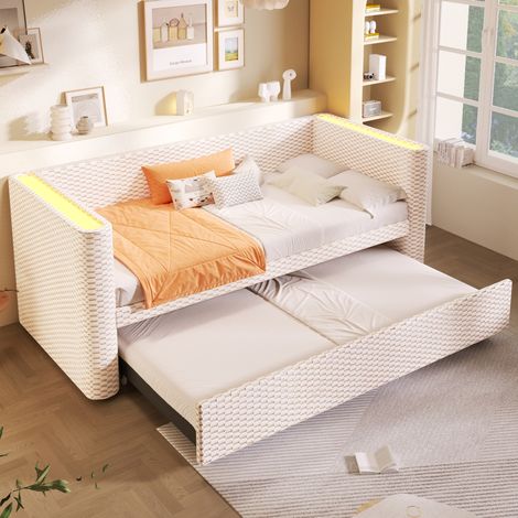 lit adulte couchage extensible 90x200 velours beige HAVRYA (1/5)