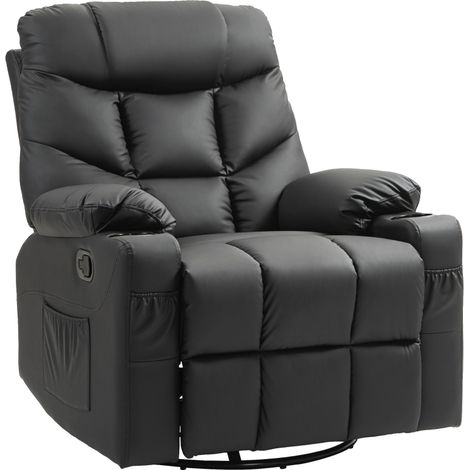 Manual Reclining Chair, Recliner Armchair with Swivel, Faux Leather, Footrest, Cup Holders, 86x93x102cm, Black