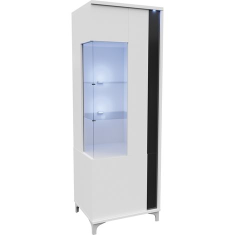 Estantería Florem I, Blanco + Blanco brillante + Negro brillante, Con puertas, Cerrable, Vidrio, Aglomerado laminado, Número de puertas: 2, Número de cajones: 0, 198x52x40cm, LED